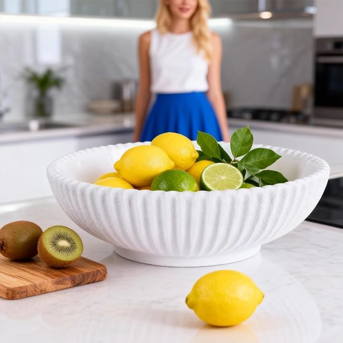 Resin Large Decorative Pedestal Bowl for Home Decor - White Ribbed Fruit Bowl For Kitchen Counter Or Table Decor - Key Bowl for Entryway Table Decor - Centerpiece Bowls for Keys, Fruit, Candy