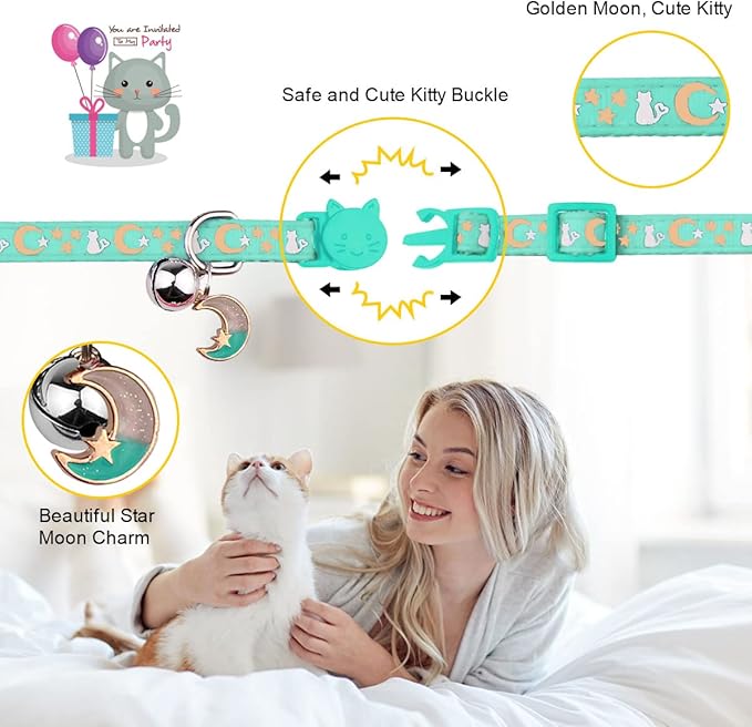 2PCS Breakaway Cat Collars with Bell Cute Kitty Glow in The Dark Adjustable Kitten Collars 7.9-13.0 Inch(Teal&Black)