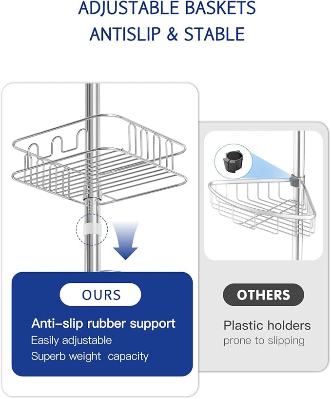 SEIRIONE Rustproof Shower Caddy Corner and Shower Organizer Corner for Bathroom,Corner Shower Caddy Tension Pole with 4 Adjustable Baskets for Shower Accessories, 34 to 116 Inch Height, Silver