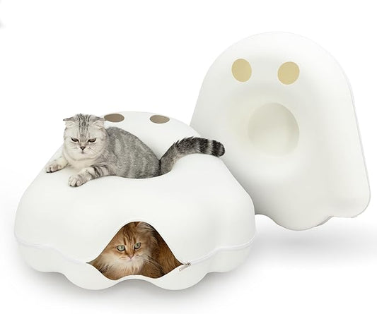 Cattasaurus Unique Gothic Peeka-Boo Cat Cave Duo Jumbo Set, Extra Spacious for Multiple & Large Cats 15+ lbs, Scratch Detachable Cat Beds for Indoor Cats, Washable Tunnel Bed