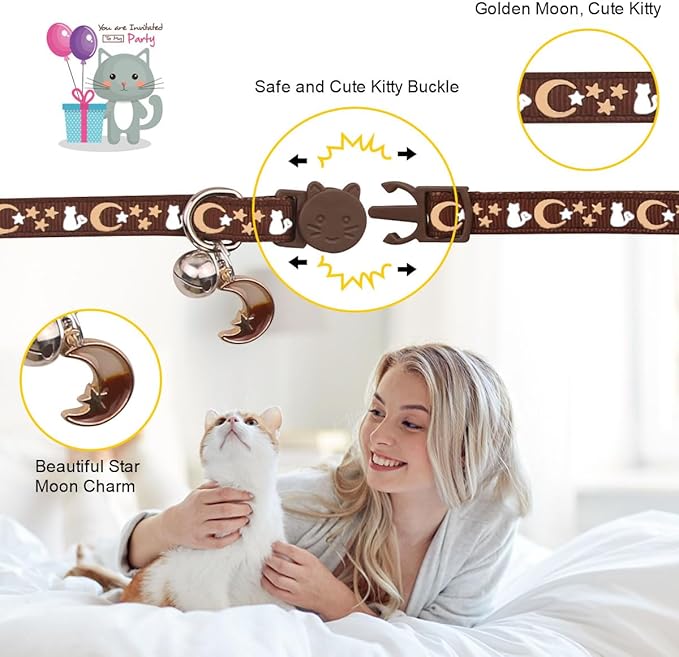 2PCS Breakaway Cat Collars with Bell Cute Kitty Glow in The Dark Adjustable Kitten Collars 6.9-10.7 Inch(Brown&Black)