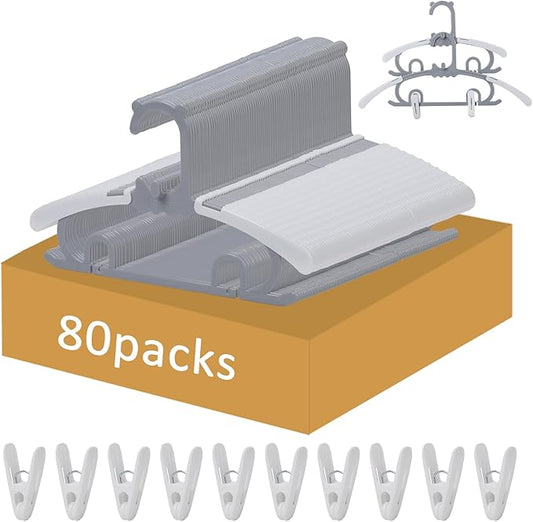 80 Pack Plastic Hangers with 32 Clips, 11-15 inch Adjustable Clothes Hanger, Durable & Non-Slip, Space Saving Coat Hangers for Pants, Jackets and Dress (Grey)