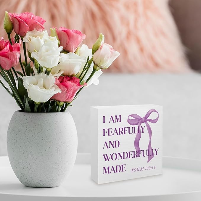 Purple Decor,Purple Bow Room, Bedroom, Bathroom Decor, Inspirational Bible Verses Decorations Butterfly Decorations for Teen Girls Gifts Wooden Box 5 x 5 Inch