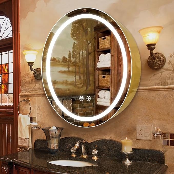 24inch Round Medicine Cabinet with Lights,Led Medicine Cabinet with Defogger,Illuminated Mirror Cabinet for Bathroom,Dimmable,Anti-Fog,3 Colors,Surface Mount Only,Gold