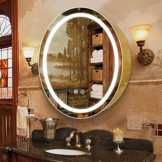 24inch Round Medicine Cabinet with Lights,Led Medicine Cabinet with Defogger,Illuminated Mirror Cabinet for Bathroom,Dimmable,Anti-Fog,3 Colors,Surface Mount Only,Gold