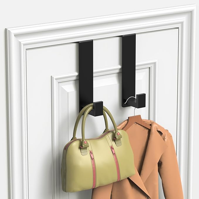 PMMASTO 2-Pack Over The Door Hooks - Rustproof Stainless Steel Door Hangers Fits for 1-3/4 Inch Thick Doors, Non-Marking and Tool-Free Easy Install (Black, L Shape)