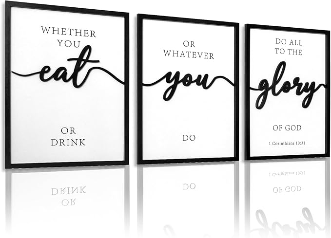 3D Wood Christian Dining Room Wall Art, Framed Bible Verse Wall Art, Jesus Wall Decor for Dining Room Kitchen Living Room Bedroom (Ready to Hang, 12x16 inches, Set of 3, Framed)