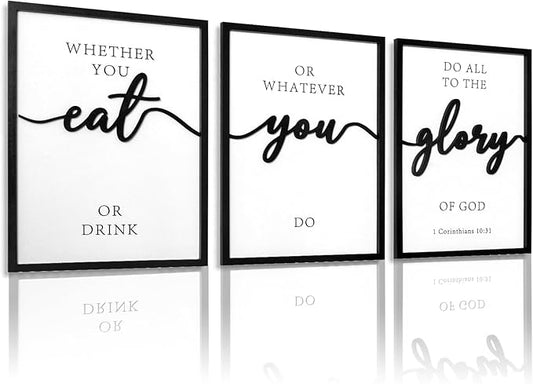 3D Wood Christian Dining Room Wall Art, Framed Bible Verse Wall Art, Jesus Wall Decor for Dining Room Kitchen Living Room Bedroom (Ready to Hang, 12x16 inches, Set of 3, Framed)