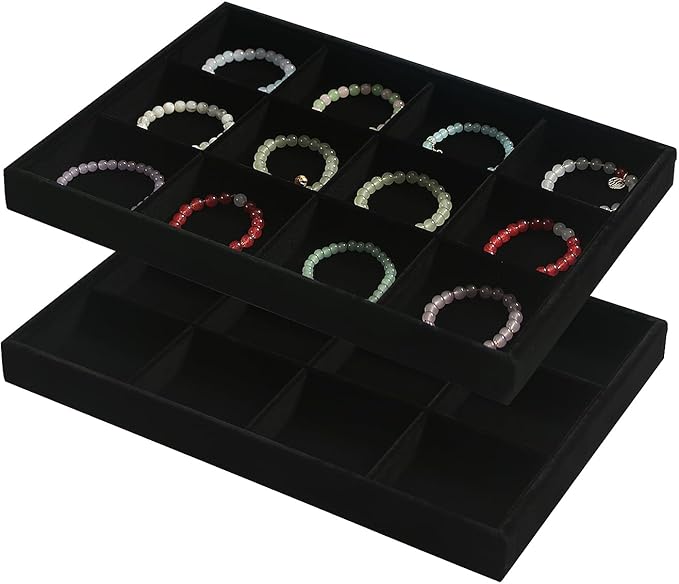 Coward 2PC Black Velvet Stackable 12 Grids Jewelry Organizer Tray Bracelet Display Stand for Selling Velvet Necklace Holder Earring Box Storage (12grid+12grid)