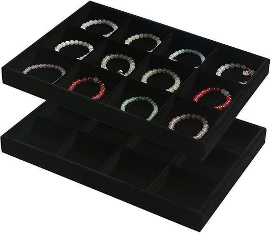 Coward 2PC Black Velvet Stackable 12 Grids Jewelry Organizer Tray Bracelet Display Stand for Selling Velvet Necklace Holder Earring Box Storage (12grid+12grid)