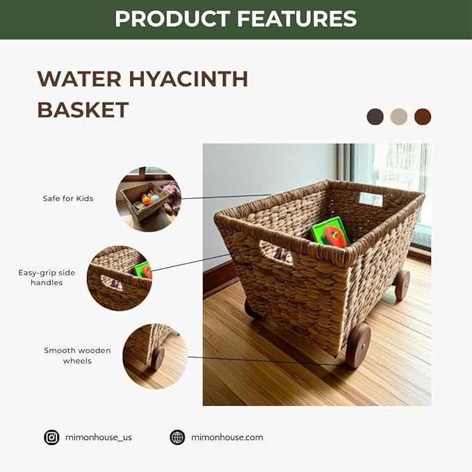 Wicker Toys Storage with Removable Wheels, Set of 2, Heavy Duty Hyacinth Storage Baskets for Organizing, Storage Woven Basket, Rattan Basket, Toys Storage (Water Hyacinth)