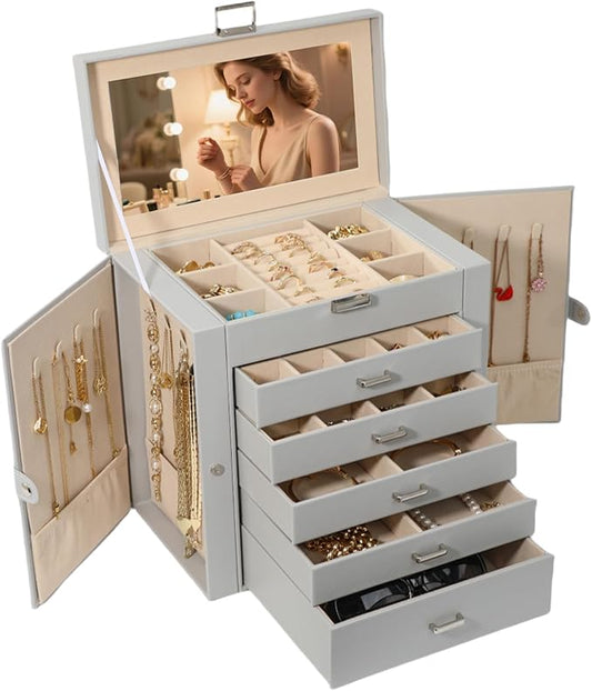 BOOVO Jewelry Box For women, 6 Layer Large Jewelry Organizer With Mirror, Multi-Function Storage Box With Lock, Necklace Holder With 5 Drawers, For Earrings Necklace Bracelet (Silver and Grey)