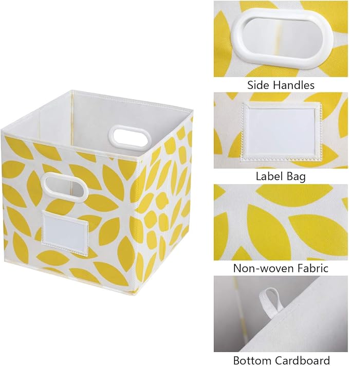 MAX Houser Fabric Storage Bins Cubes Baskets Containers with Dual Plastic Handles for Home Closet Bedroom Drawers Organizers, Foldable, Set of 4 (Yellow)