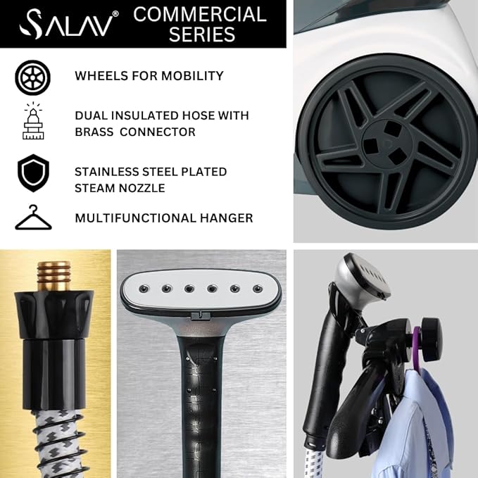 SALAV Heavy Duty Commercial Full-Size Garment Steamer with Foot Pedals and Extra Large 3L (101.5 oz) Water Tank, 1800 watts, 90+min of Continuous Steam (White)