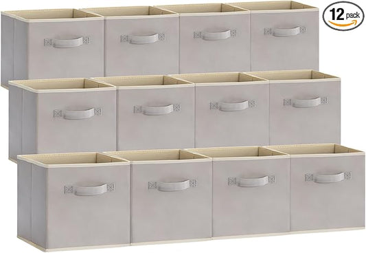 Lifewit 12 Packs Storage Cubes, 11 Inch Cube Storage Bins, Foldable Decorative Fabric Storage Baskets for Organizing Home Organizers with Handles for Shelves, Closet, Light Gray