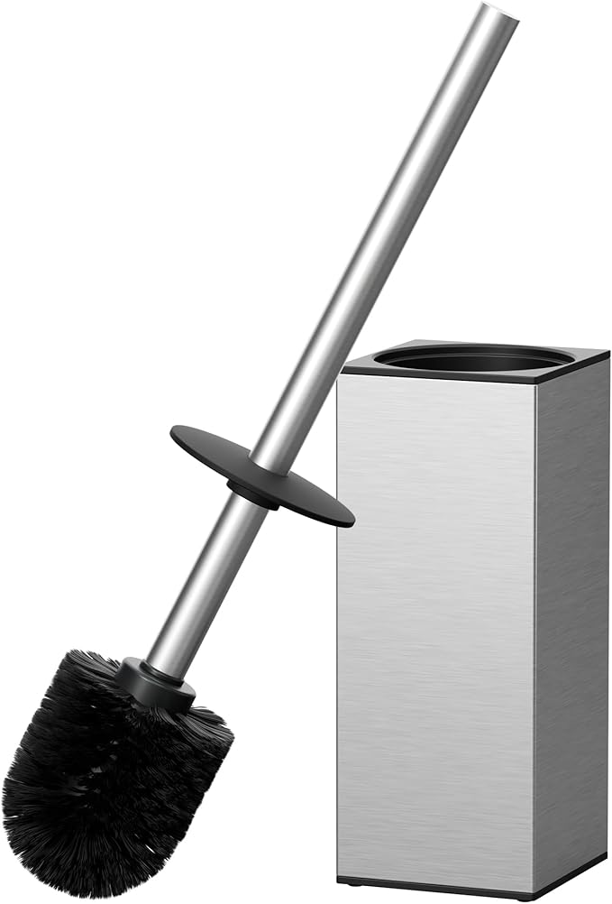 FORIOUS Toilet Brush and Holder Set, Heavy Duty 304 Stainless Steel Base Square and Long Handle for Bathroom Deep Cleaning, Drip-Proof, Space Saving for Storage, 2 Toilet Bowl Brush Head