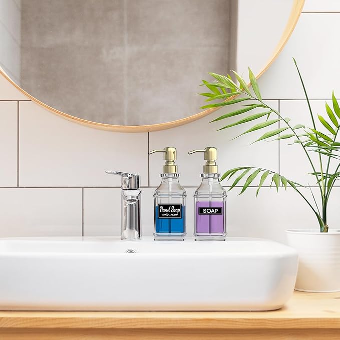 Soap Dispenser - 2 Pack, Antique Design Thick Glass Hand Soap Dispensers with Sturdy Tray; 304 Rust Proof Stainless Steel Pump, 12Pcs Stickers, for Kitchen, Bathroom