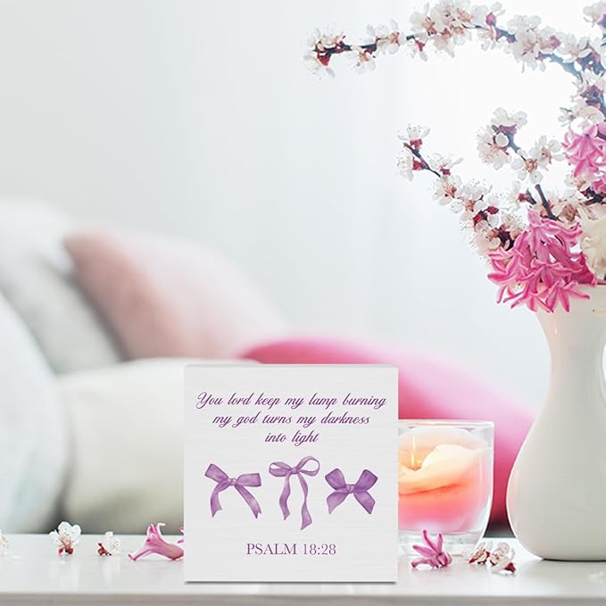 Purple Bow Room,Purple Decor Bedroom, Bathroom Decor, Inspirational Bible Verses Decorations Butterfly Decorations for Teen Girls Gifts Wooden Box 5 x 5 Inch