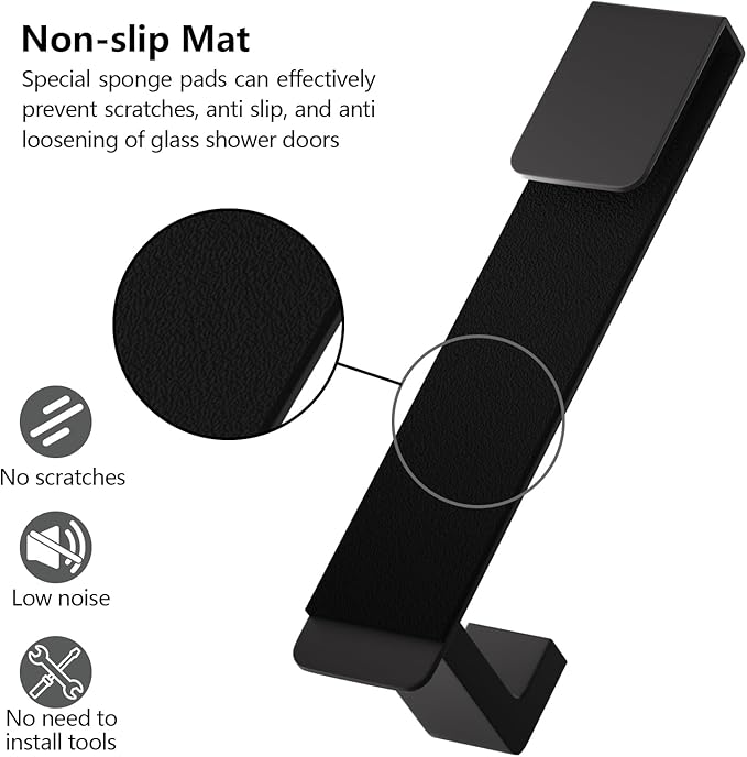 PMMASTO Shower Door Hooks, (7.5 Inch) Extended Towel Hooks for Bathroom Frameless Glass Shower Door, Stainless Steel Heavy Duty Hooks for Hanger Robe,Towel (Black ''L'' Shape 2 Pack)