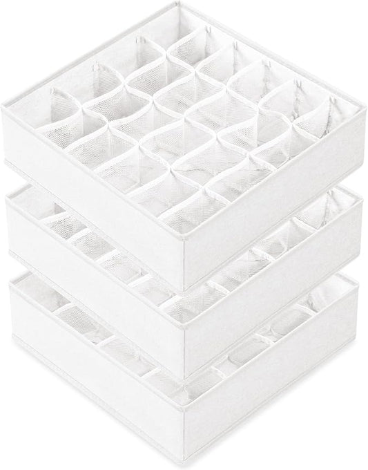 Criusia 3 Pack Sock Underwear Drawer Organizer Dividers, 64 Cell Fabric Foldable Cabinet Closet Organizers and Storage Boxes for Storing Socks, Panties, Ties (16+24+24 Cell, White)