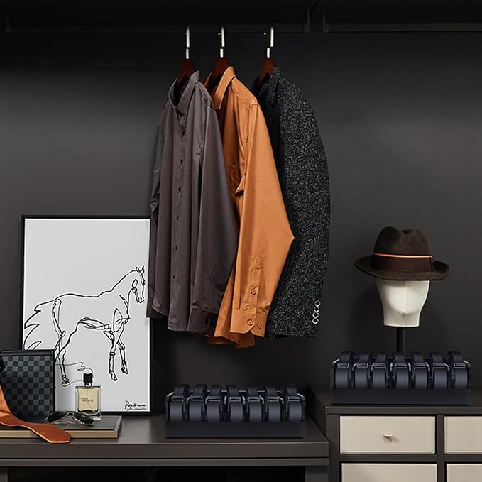 GTI Belt Organizer,2pcs 7 Compartments Belt Organizer for Closet and Drawer, Bamboo Display Case for Tie and Belt, Belt Storage Organizer for Men Women (Black)