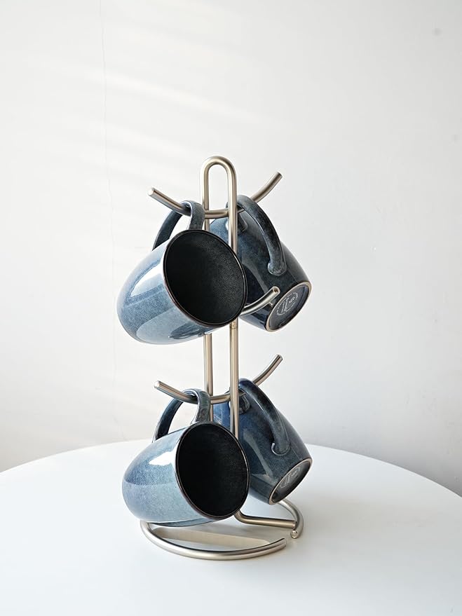 Bosmarlin Ceramic Coffee Mug Set of 4, 17 Oz, Coffee Cups with Big Handle, Microwave Safe, Unique Reactive Glaze (Deep Blue, 17 Oz)