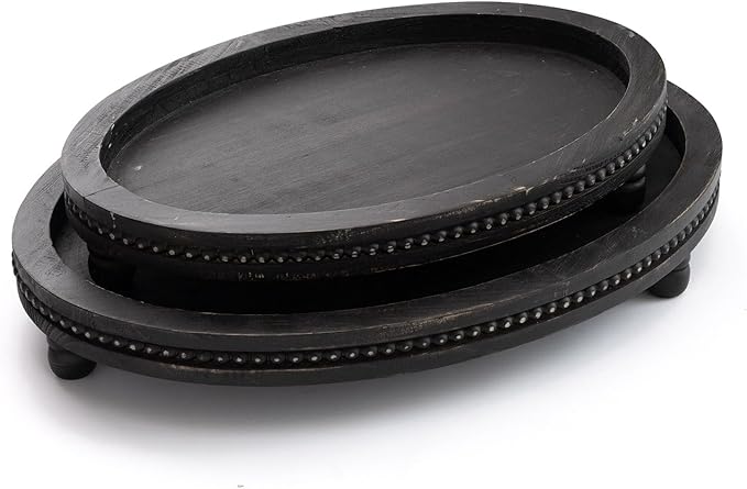 2 Piece Oval Black Wooden Serving Tray Set with Beaded Design, Centerpiece Table Decorations Tray for Living Room Ottoman, Coffee Table Tray for Farmhouse Home Decor