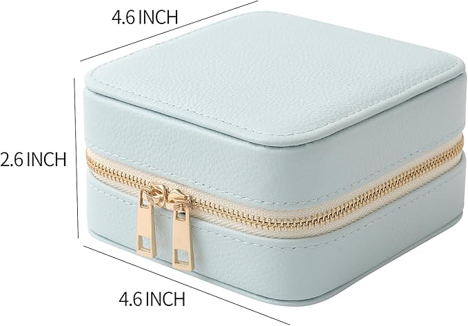 Genuine Leather Travel Jewelry Organizer Case with Mirror for Women, Small Mini Portable Jewelry Box for Ring Earrings Necklace Bracelet Luxury Gift for Women（Light Blue）