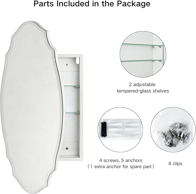 TOMACE Frameless Assymetrical Oval Medicine Cabinet with Beveled Mirror Irregular Surface Bathroom Medicine Cabinet Mirror with Storage for Bathroom, 20'' W x 30'' H