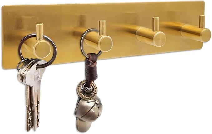 Self Adhesive Key Hook Rack with 4 Hooks for Keys, Masks - Wall Mounted Entryway, Hallway Hanger - Gold