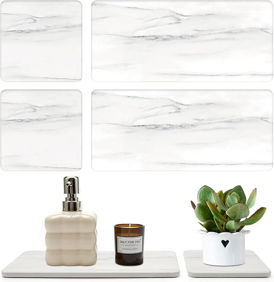 Set of 4 Water Absorbing Stone Drying Tray for Bathroom Sink Kitchen Hand Soap Coaster Diatomite Toothbrush Holder Quick Dry Marble Bathroom Vanity Trays Diatomaceous Earth Dish Kitchen Counter Tray