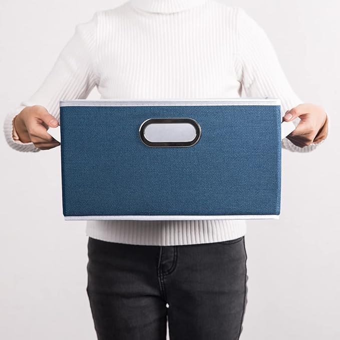 PRANDOM Large Collapsible Storage Baskets for Closet [5-pack] Decorative Fabric Storage Bins Cubes with Leather/Metal Handles for Shelves Bedroom Living Room Royal Blue (14.9x9.8x8.3 Inch)