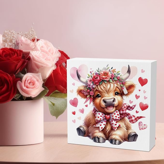 Valentine Decorations for Home Highland Cow Valentine Decor Valentines Day Decorations for Table Valentine's Day Decor Gifts for Boyfriend Girlfriend 5 X 5 Inches
