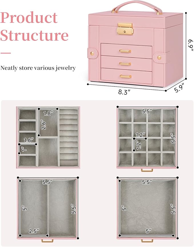 TORIBIO Jewelry Box for Women, Leather Jewelry Organizer with Mirror & Lock, 4-Tier Jewelry Storage Organizer with 3 Drawers for Girls/Women/Mothers, Necklace Earring Bracelets Holder Organizer