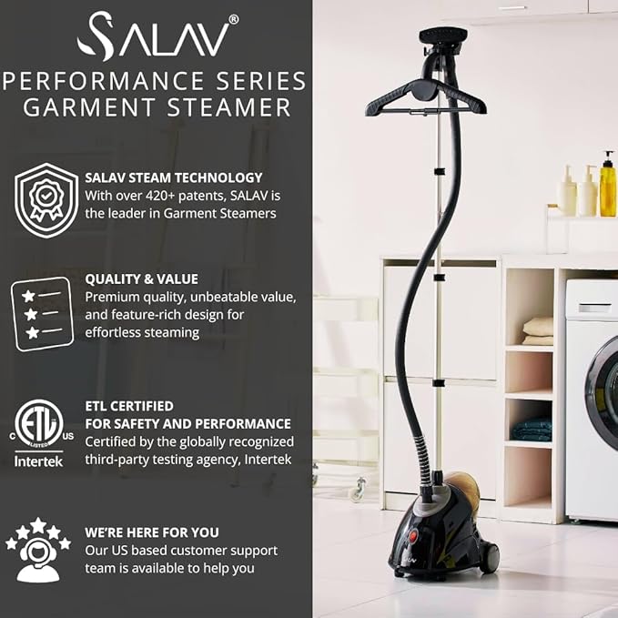 SALAV GS18-DJ Standing Garment Steamer with Roll Wheels for Easy Movement, 1.8L Water Tank for 1 Hour Continuous Steaming, Adjustable Pole for Storage, Includes Descaler Packet, 1500 watts