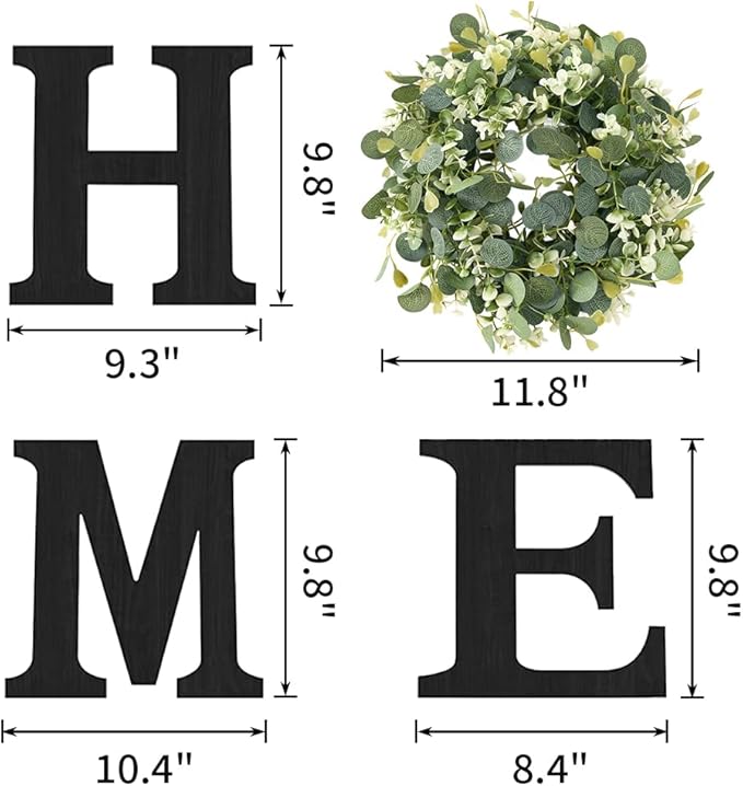 Wooden Home Sign with Artificial Peach Heart Eucalyptus Wreath for O, Hanging Farmhouse Wall House Autumn Decor Wood Letters for Wall Art Rustic Home Decor, Wall Decor for Living Room Kitchen Entryway