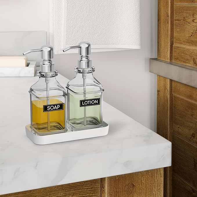 Soap Dispenser - 2 Pack, Antique Design Thick Glass Hand Soap Dispensers with Sturdy Tray; 304 Rust Proof Stainless Steel Silver Pump, 12Pcs Stickers, for Kitchen, Bathroom
