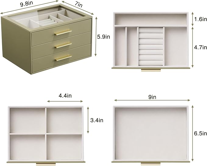 Jewelry Box Organizer Case for Women: 3-Layer Jewelry Storage Case with Glass Window, Olive Green Leather with Cream Velvet, Holder for Ring Necklace Bracelet Brooch Watch, Great Gift for Her