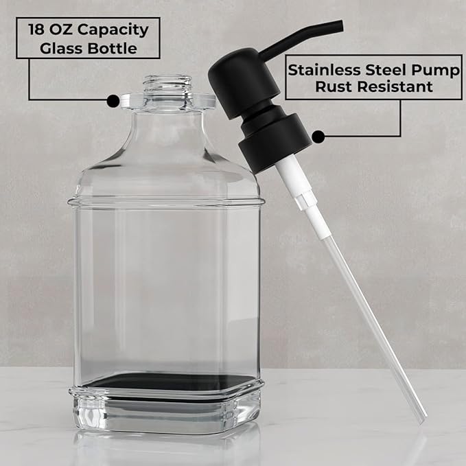 GLADPURE 2 Pack Soap Dispenser, 18 Oz Antique Design Thick Glass Hand Dispensers; with 304 Rust Proof Stainless Steel Pump, 6Pcs Clear Stickers, for Kitchen, Bathroom- Black