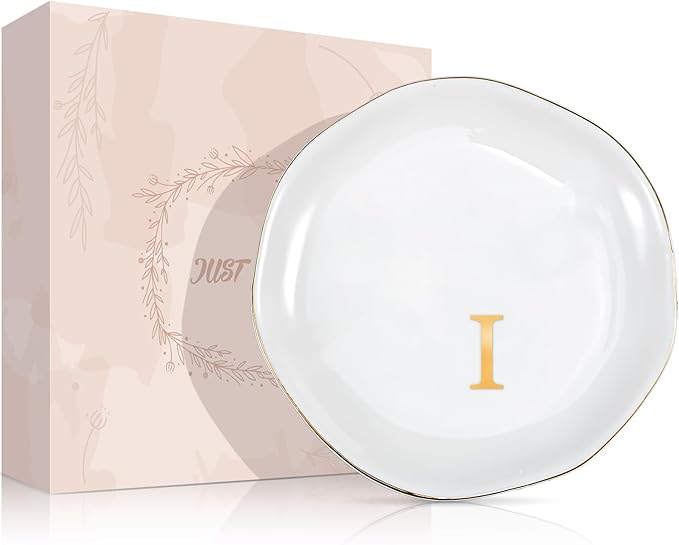 ProCase Ceramic Jewelry Tray, Initial Ring Dish Trinket Plate Engagement Gift, Small Personalized Monogram Ring Bowl for Wedding, White Decorative Jewelry Holder for Women Vanity -Letter I