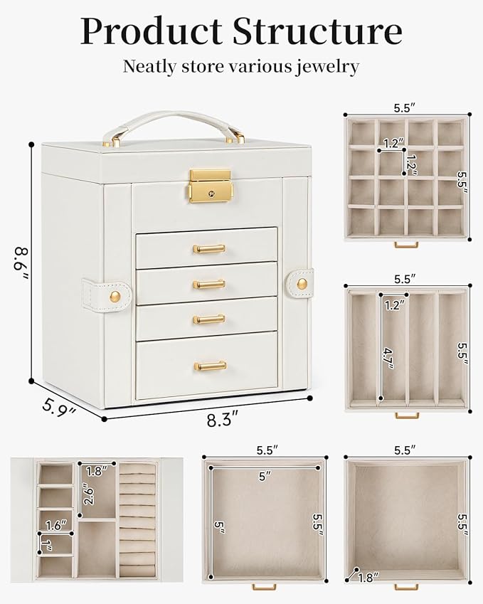 TORIBIO Jewelry Box for Women, Leather Jewelry Organizer with Mirror & Lock, 5-Tier Jewelry Storage Organizer with 4 Drawers for Girls/Women/Mothers, Necklace Earring Bracelets Holder Organizer