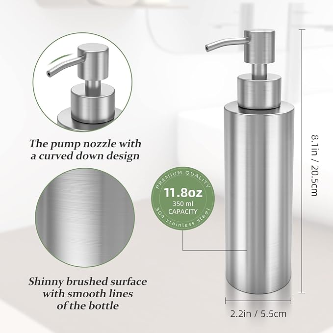 ARKTEK -Stainless Steel Countertop soap dispenser Rust Proof Liquid Hand soap dispenser, Premium Kitchen Pump for Liquid Bathroom Hand Dish Lotion (11.8 Oz / 350 ml)