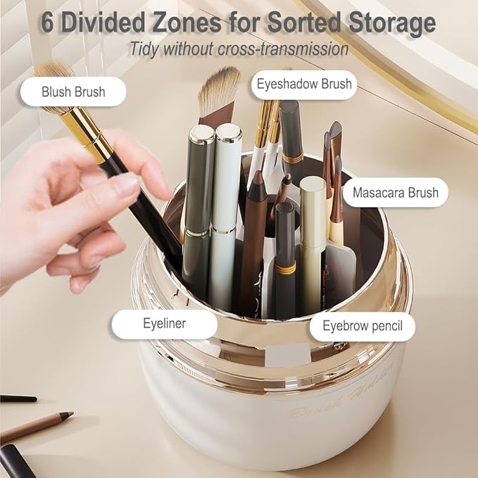 Makeup Brush Organizer With Lid, 360° Spinning Cosmetic Brush Holder for Bathroom Countertop, Compact Cosmetic Display Case for Vanity, Bedroom and Dresser (Pink)