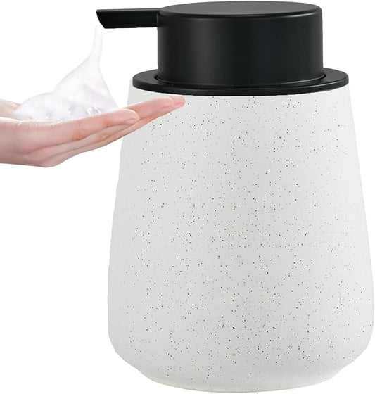12Oz Foaming Soap Dispenser - Ceramic Foam Hand Soap Dispenser with Easy-to-Press Black Pump, Reusable and Refillable Lotion Dish Soap Dispensers for Bathroom & Kitchen, Speckled Matte White
