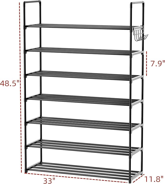 Metal Shoe Organizer,7 Tiers Shoe Storage Shoe Rack with Hooks,Fit 24-30 Pairs,Adjustable Shoe Shelf for Entryway,Hallway,Bedroom,Metal Bottom Support