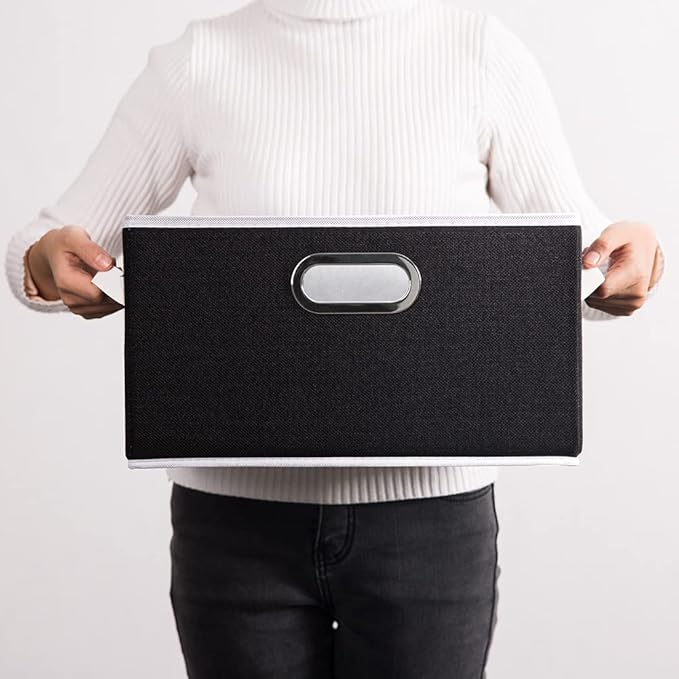 PRANDOM Large Collapsible Storage Bins for Closet [5-Pack] Decorative Fabric Storage Baskets Cubes with Leather/Metal Handles for Shelves Bedroom Living Room Black (14.9x9.8x8.3 Inch)