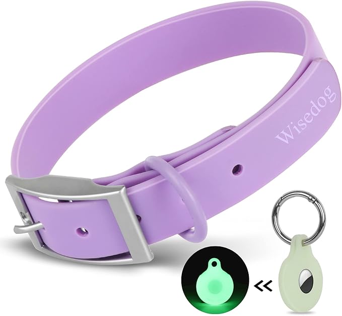 Wisedog Waterproof Dog Collar, Adjustable Soft Rubber Coated Webbing, Odor-Proof and Easy to Clean for Small Medium Large Dogs, with Airtags Case(S|8.5"-12.5" × 4/5 in, Lilac)