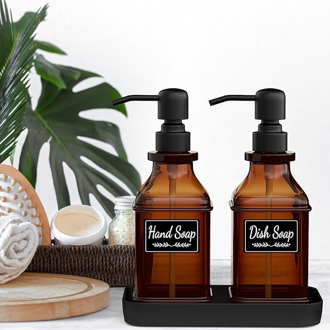 Soap Dispenser - 2 Pack, Antique Design Thick Amber Glass Hand Soap Dispensers with Sturdy Tray; 304 Rust Proof Stainless Steel Black Pump, 12Pcs Stickers, for Kitchen, Bathroom- Black