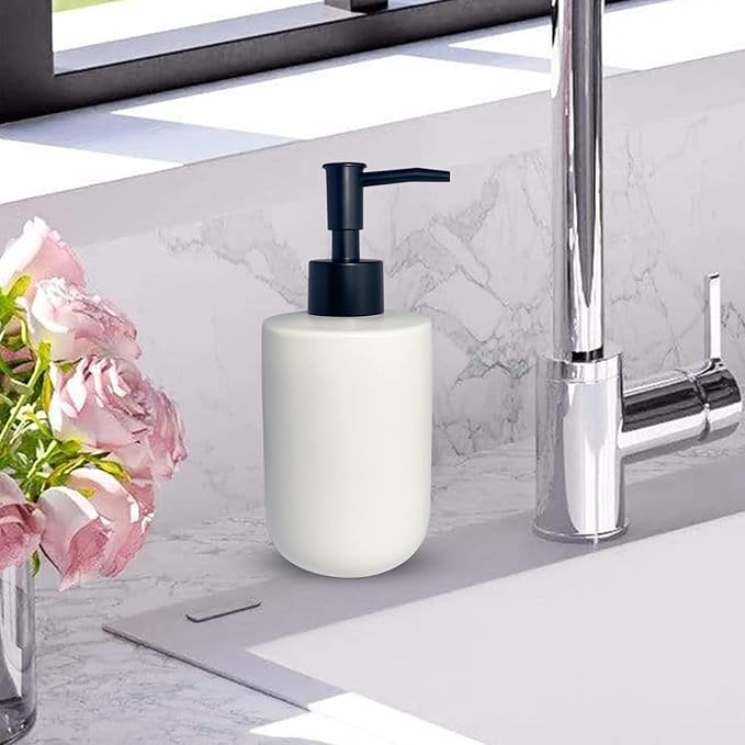 White Soap Dispenser with Matte Black Pump for Bathroom,Minimalist Modern Design Cylindrical Lotion Dispenser,12oz Ceramic Hand Dish Soap Dispenser,Refillable Liquid Dispenser for Kitchen (White)