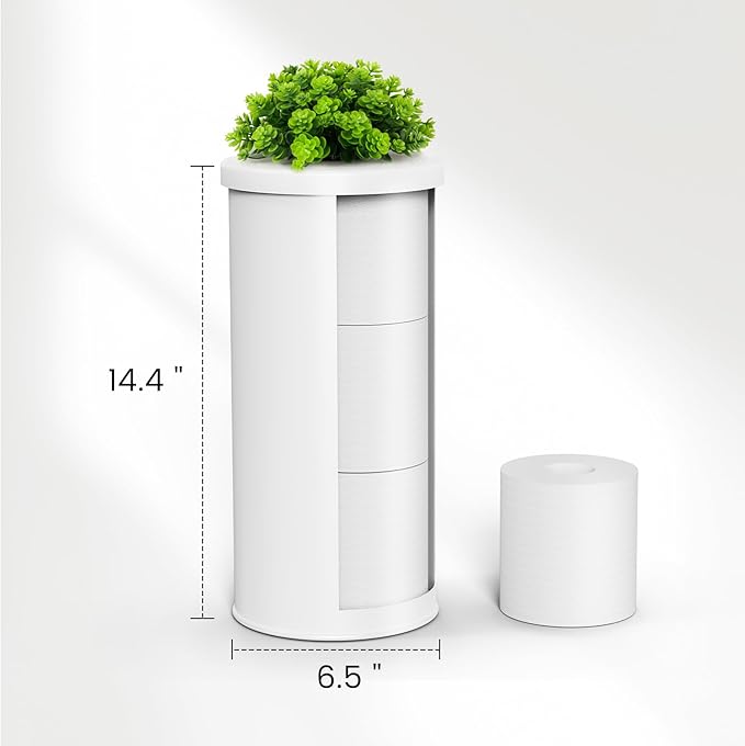 Cesun Toilet Paper Storage Bin, Enclosed Toliet Paper Holder with 3-Roll Capacity, White Stainless Steel Canister with Decorative Green Plant Lid